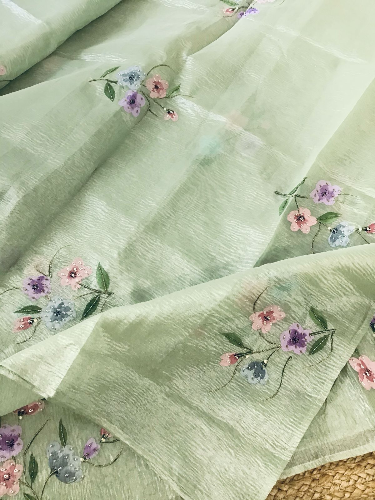 Soft Crushed Tissue Organza Brush Painted Embroidered Suit - Green