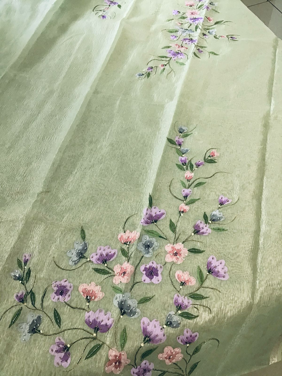 Soft Crushed Tissue Organza Brush Painted Embroidered Suit - Green