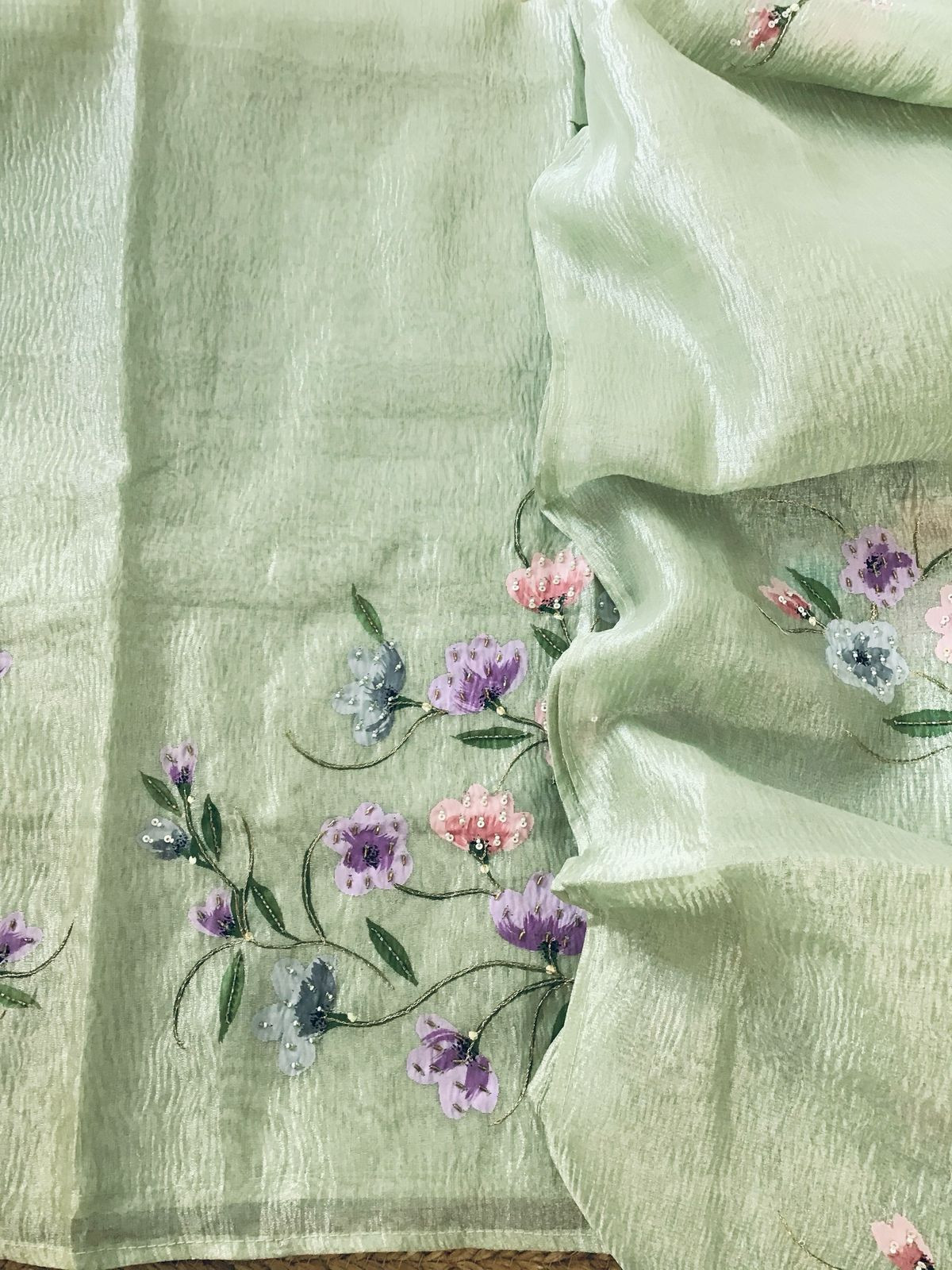 Soft Crushed Tissue Organza Brush Painted Embroidered Suit - Green