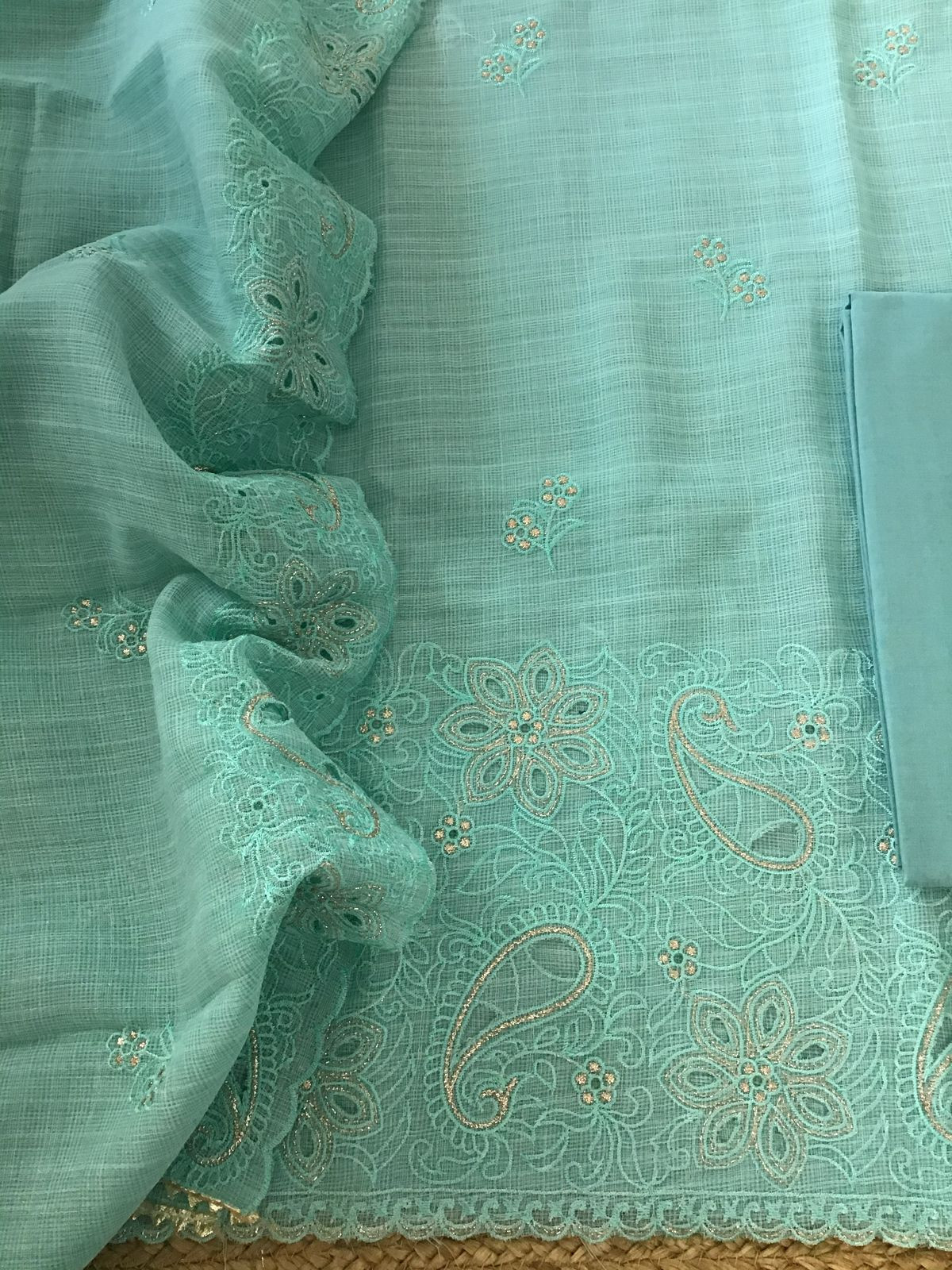 Soft Linen Kota Embroidered Suit - Sea Blue