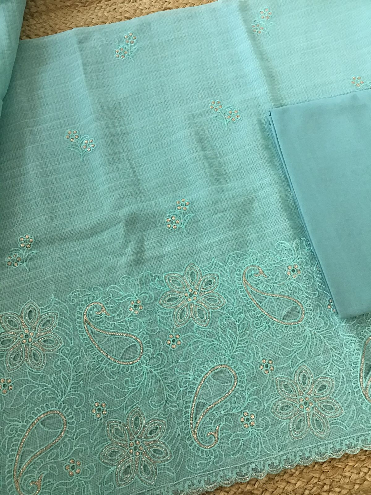 Soft Linen Kota Embroidered Suit - Sea Blue
