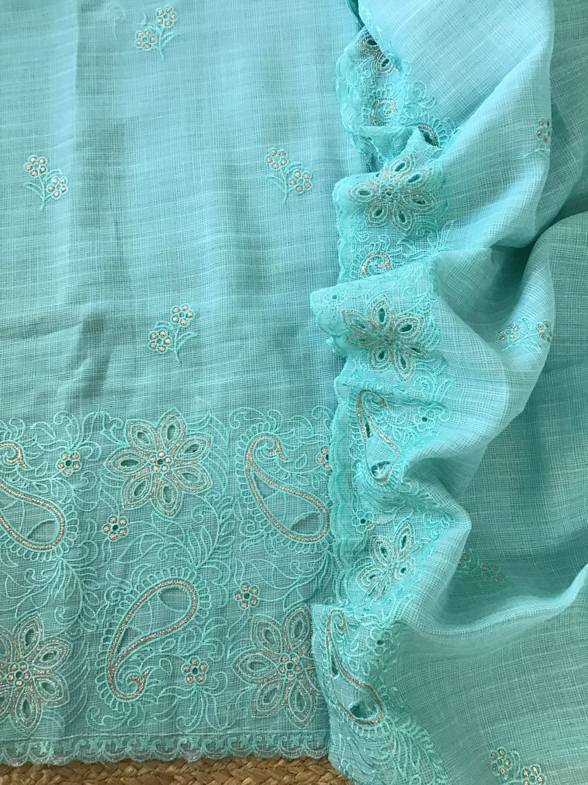 Soft Linen Kota Embroidered Suit - Sea Blue