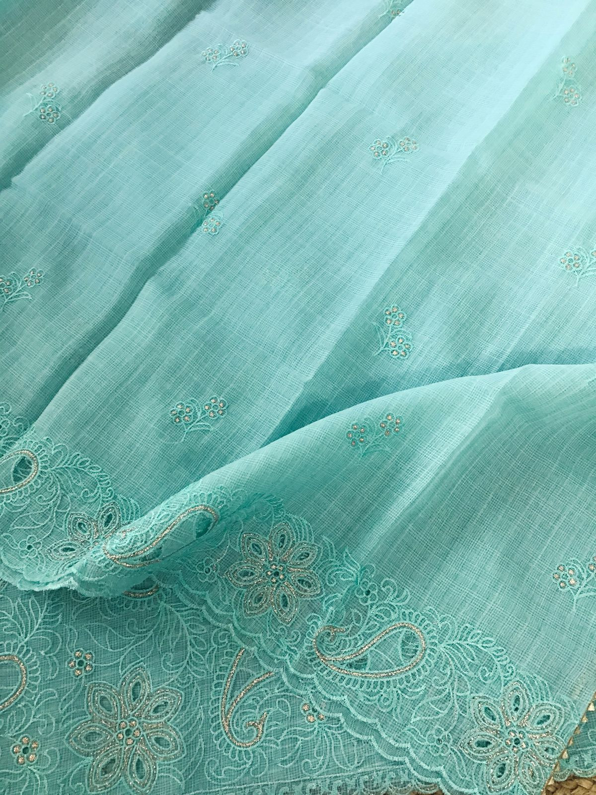 Soft Linen Kota Embroidered Suit - Sea Blue