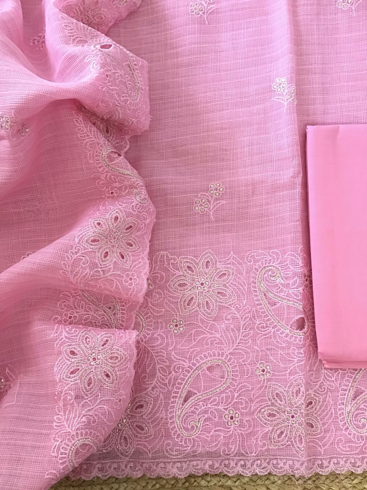 Soft Linen Kota Embroidered Suit - Pink