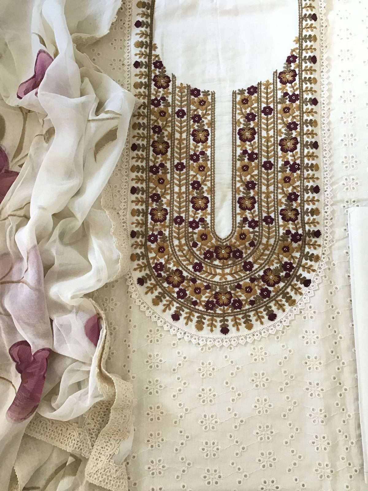 Pure Cotton Cutwork Embroidered Suit - Cream