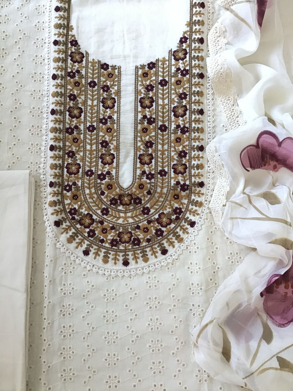 Pure Cotton Cutwork Embroidered Suit - Cream