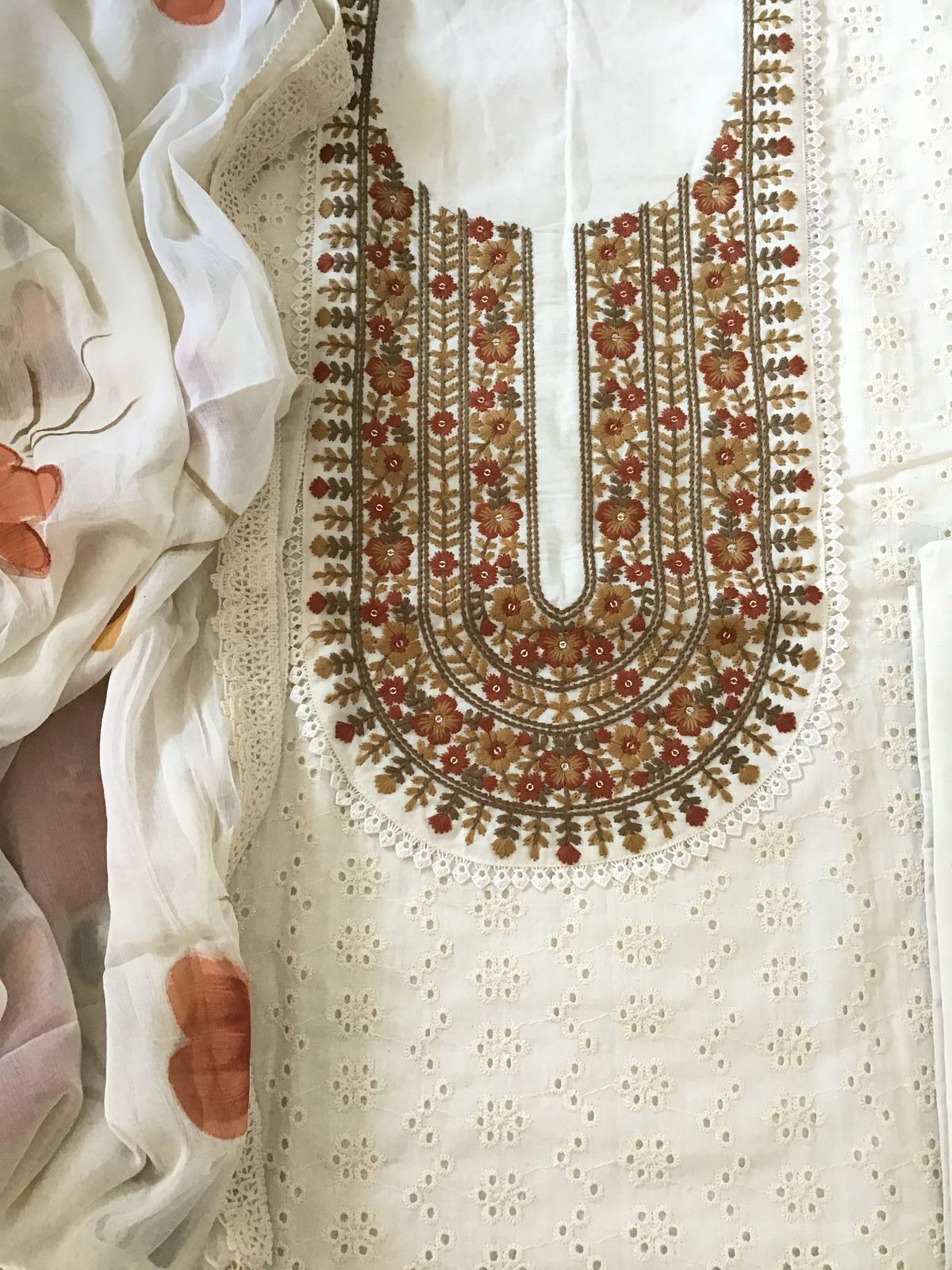 Pure Cotton Cutwork Embroidered Suit - Cream