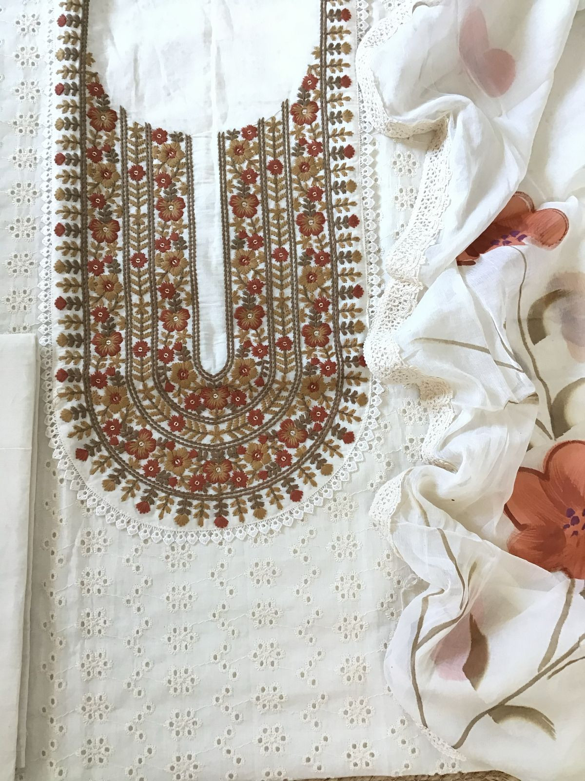 Pure Cotton Cutwork Embroidered Suit - Cream
