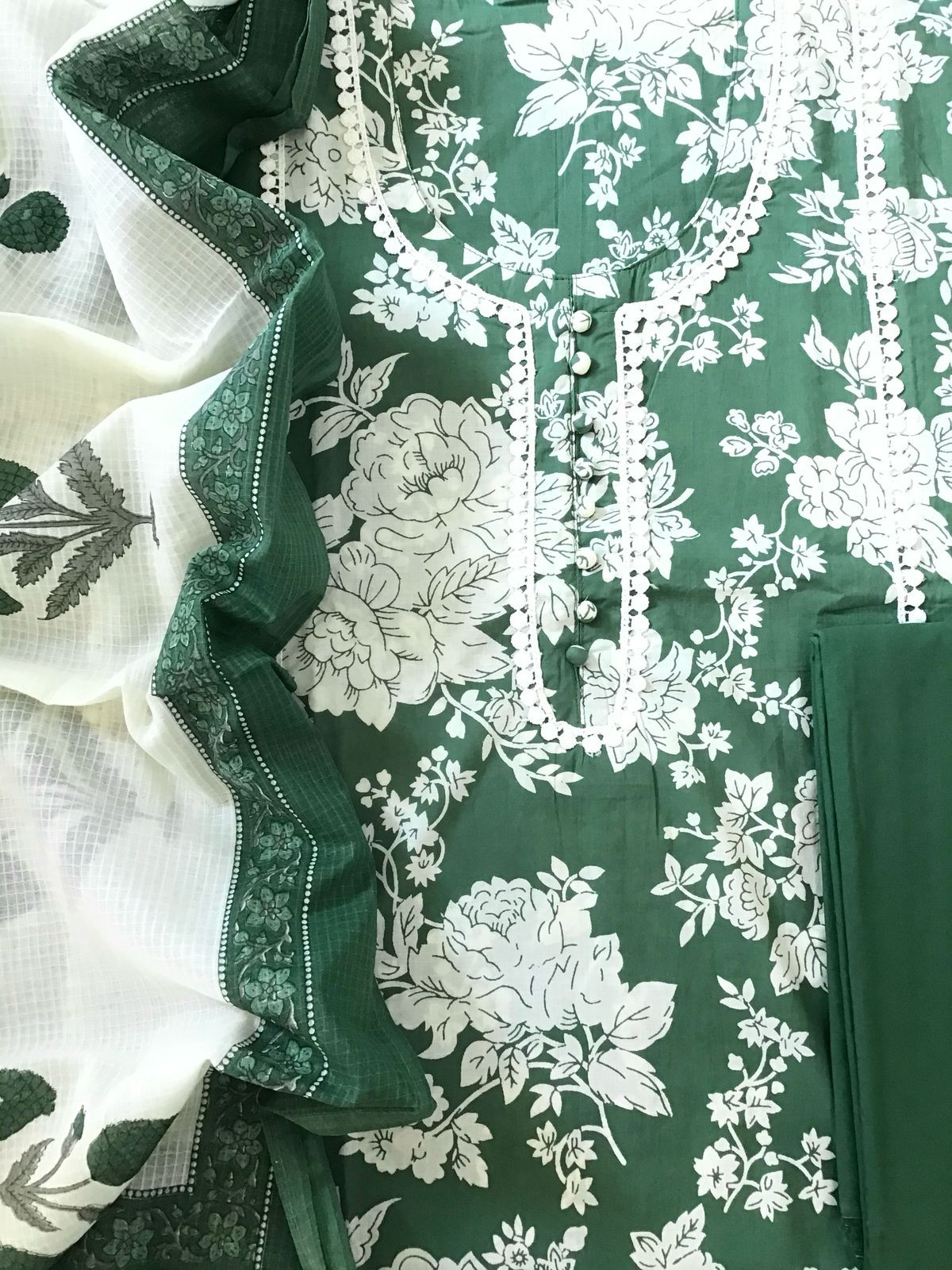 Pure Cotton Printed Embroidered Suit - Green