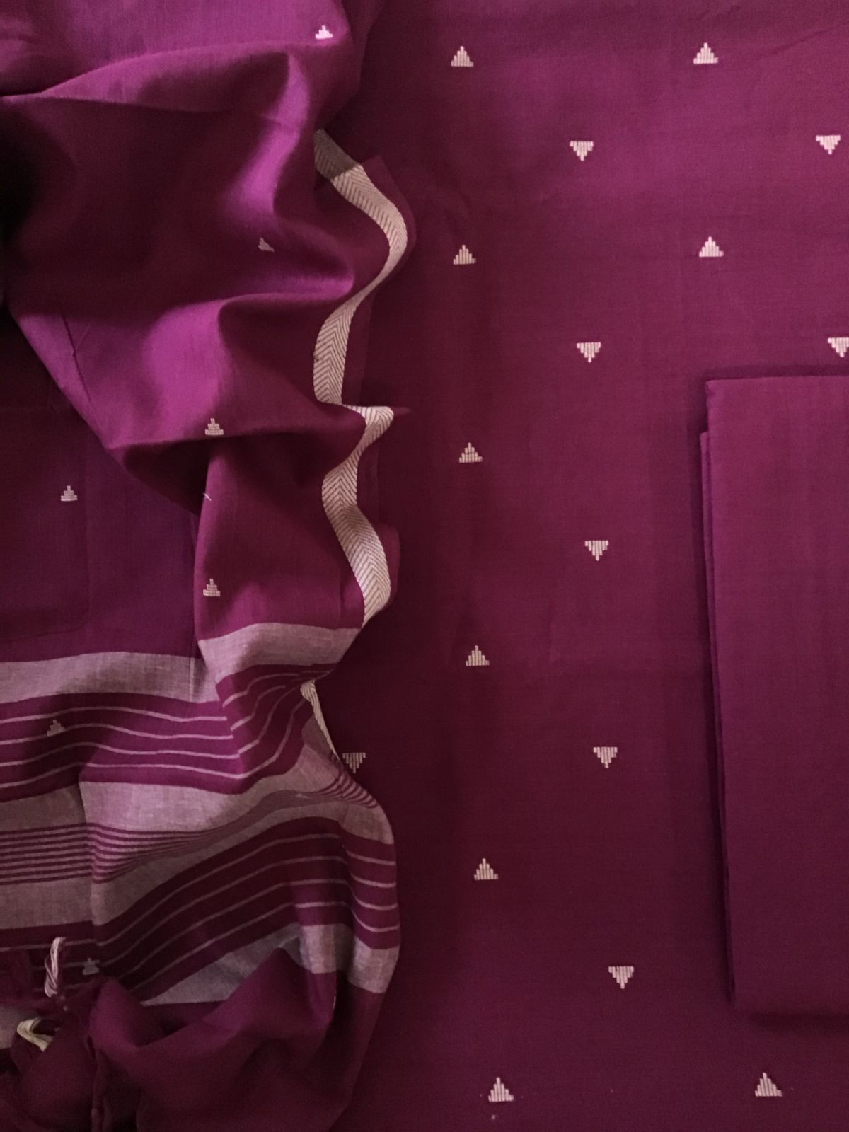 Pure Handloom Cotton Self Weaved Suit - Magenta