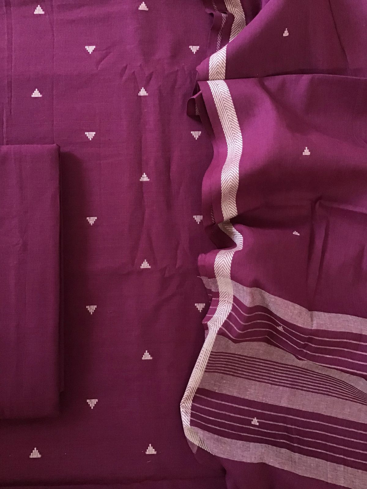 Pure Handloom Cotton Self Weaved Suit - Magenta