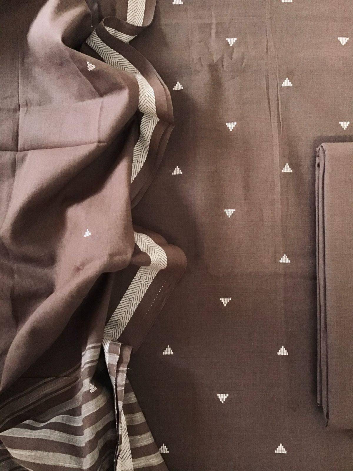 Pure Handloom Cotton Self Weaved Suit - Brown