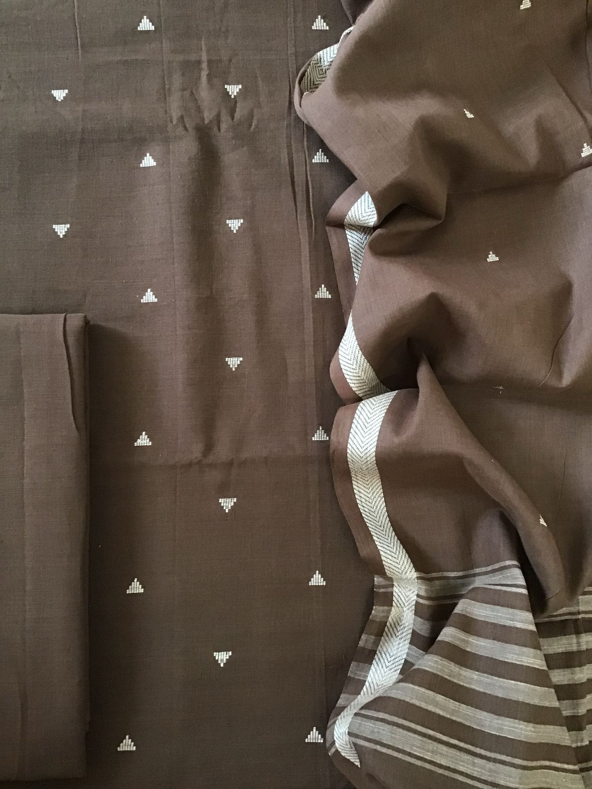 Pure Handloom Cotton Self Weaved Suit - Brown