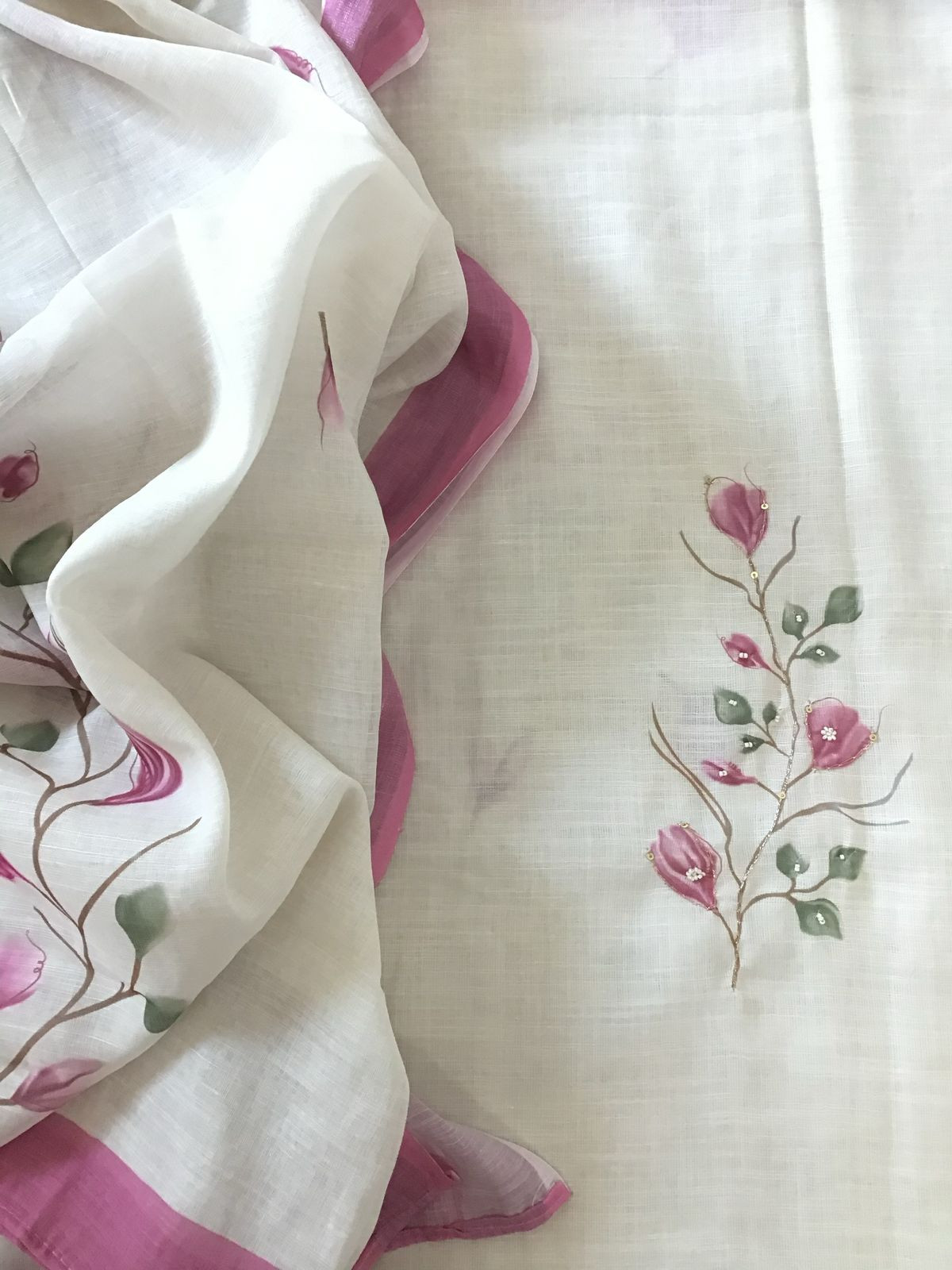 Soft Linen Jute Cotton Printed Embroidered Suit - Off White