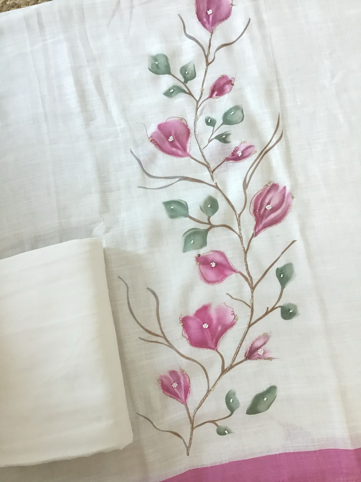 Soft Linen Jute Cotton Printed Embroidered Suit - Off White