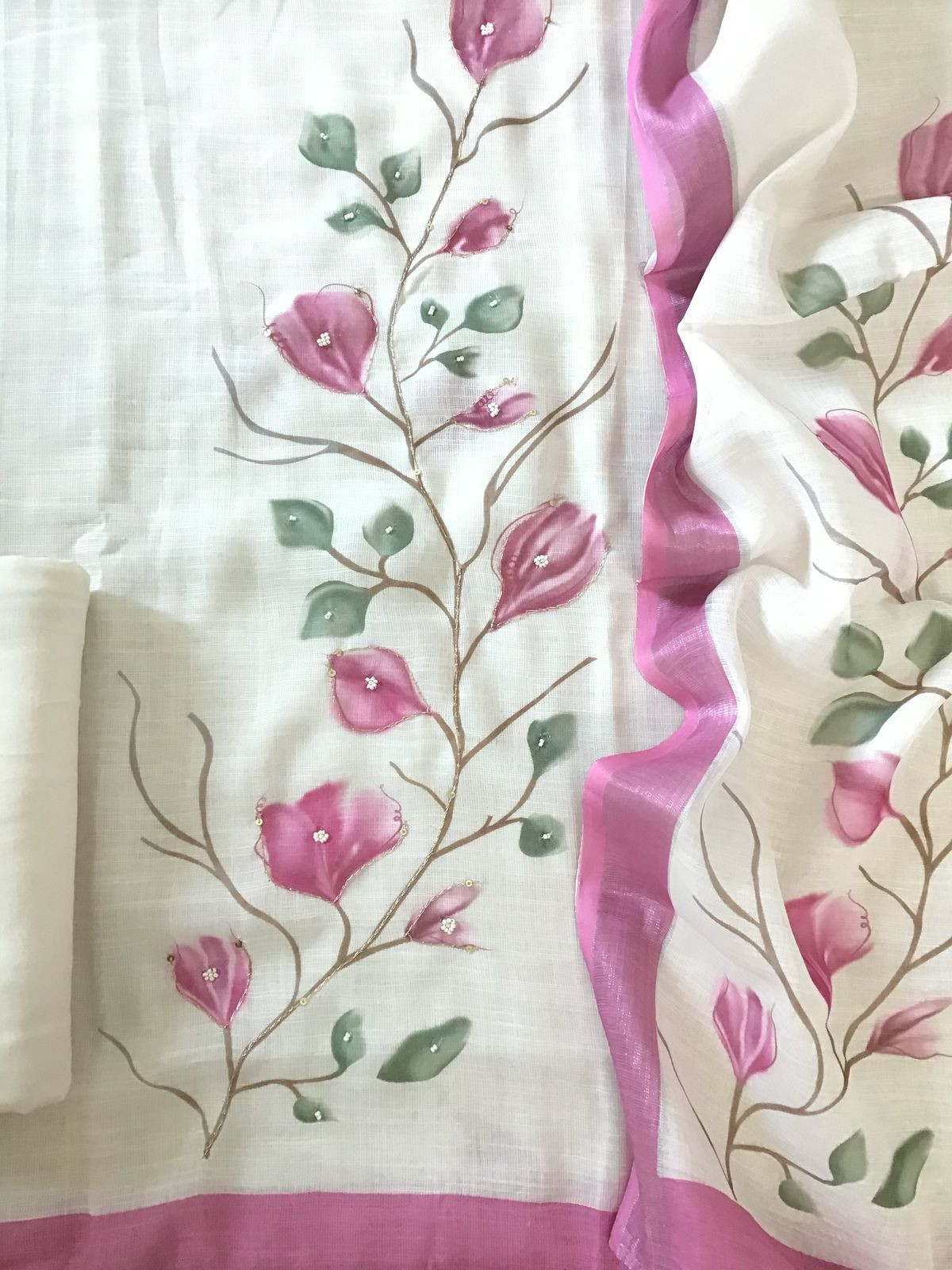 Soft Linen Jute Cotton Printed Embroidered Suit - Off White