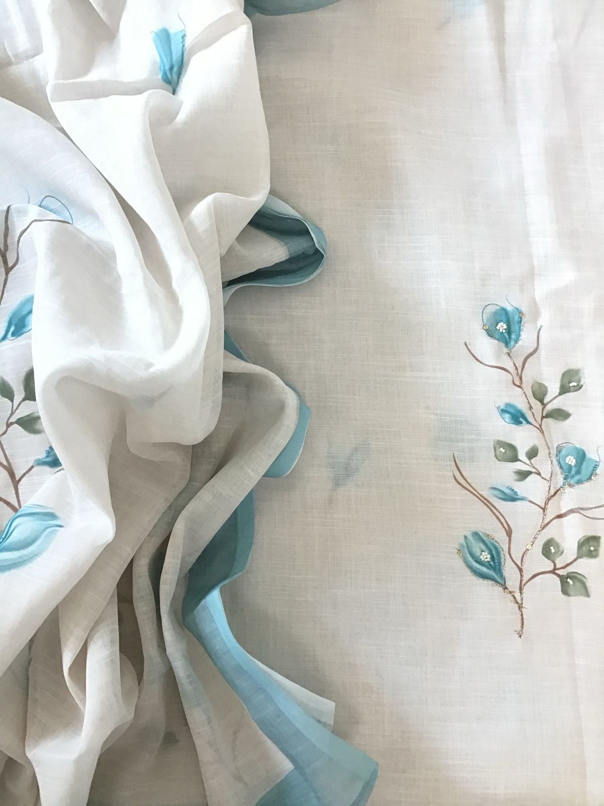 Soft Linen Jute Cotton Printed Embroidered Suit - Off White