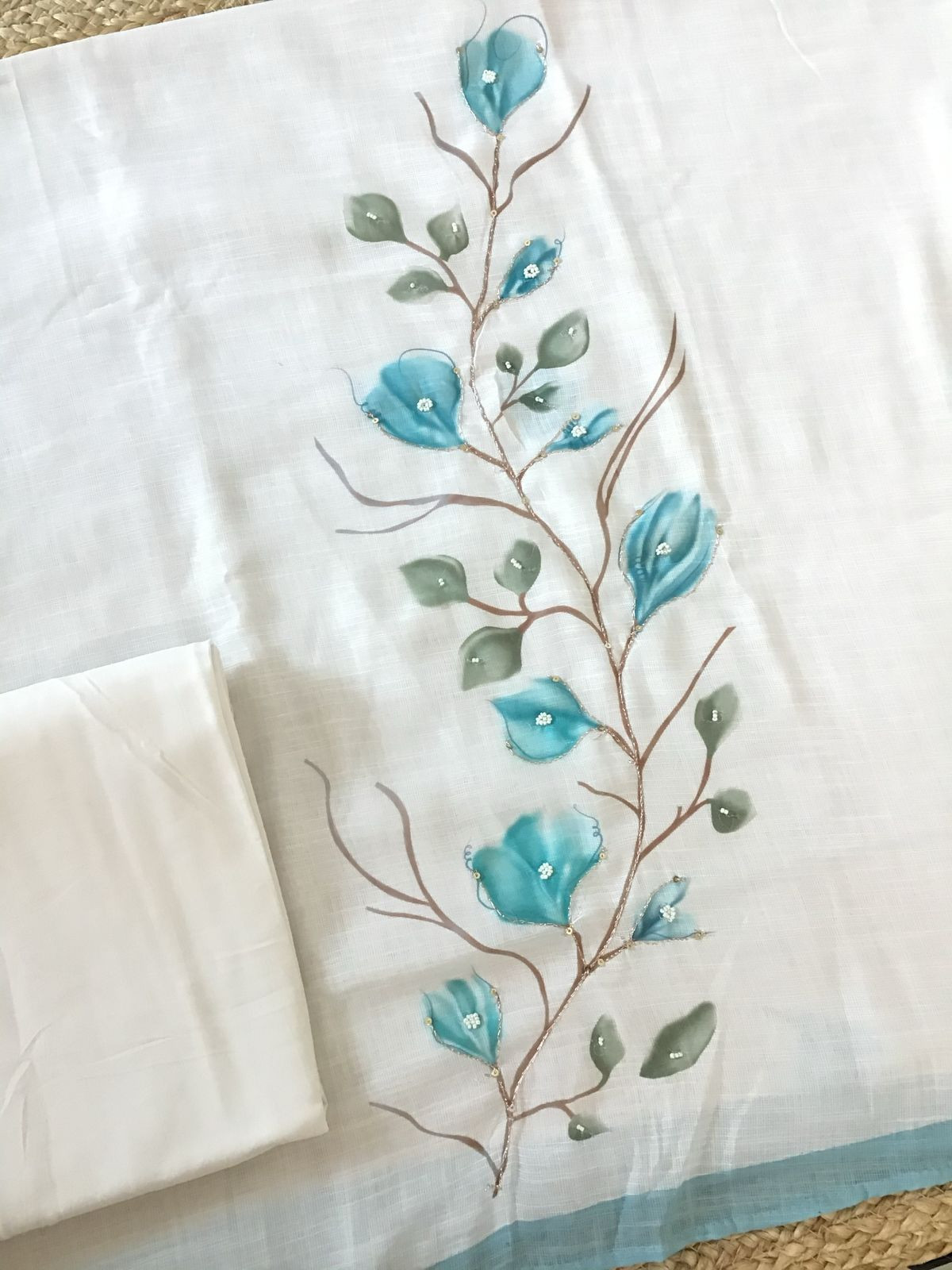 Soft Linen Jute Cotton Printed Embroidered Suit - Off White