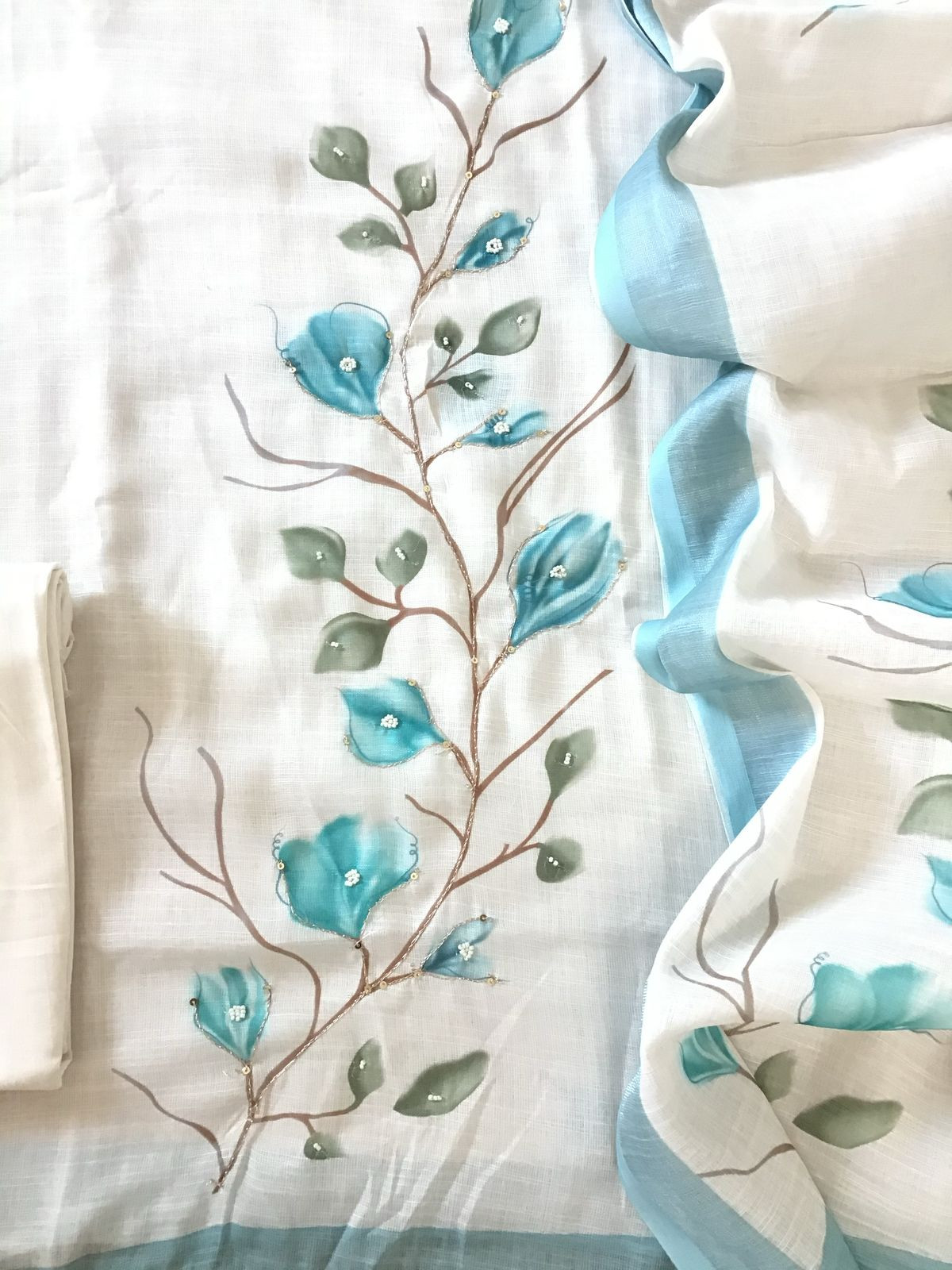 Soft Linen Jute Cotton Printed Embroidered Suit - Off White