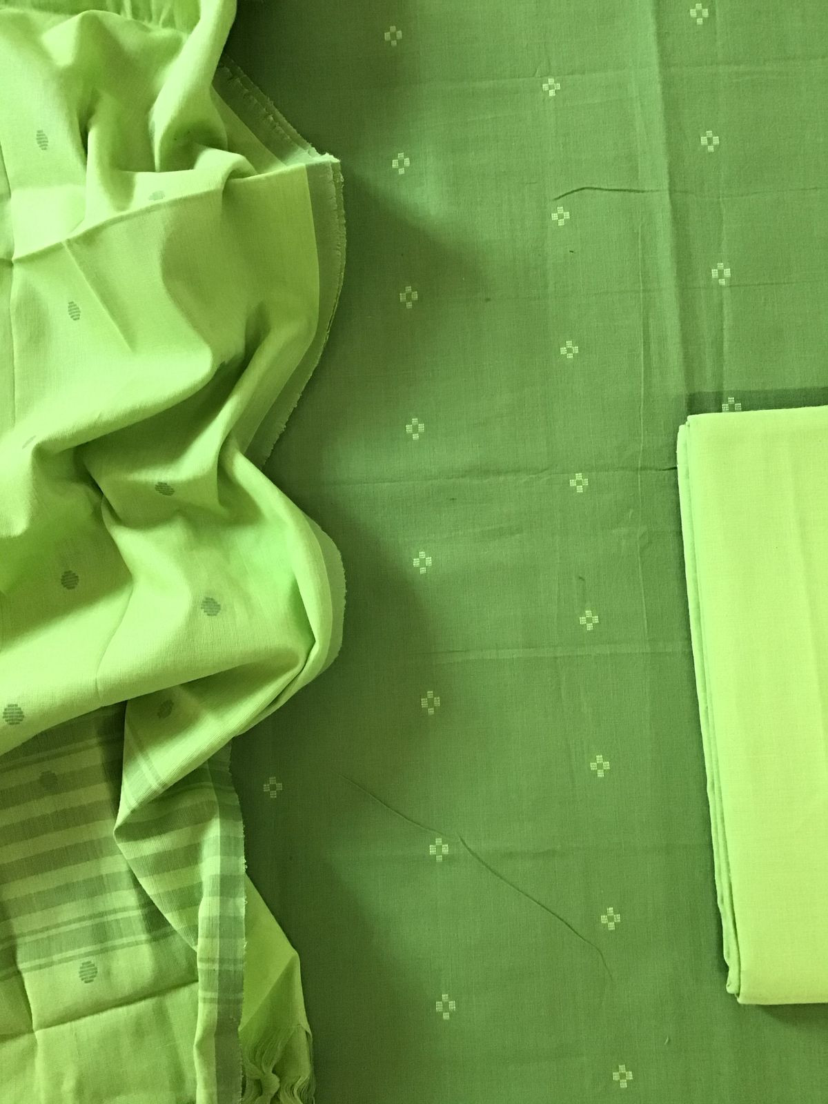 Pure Handloom Cotton Self Weaved Suit - Green