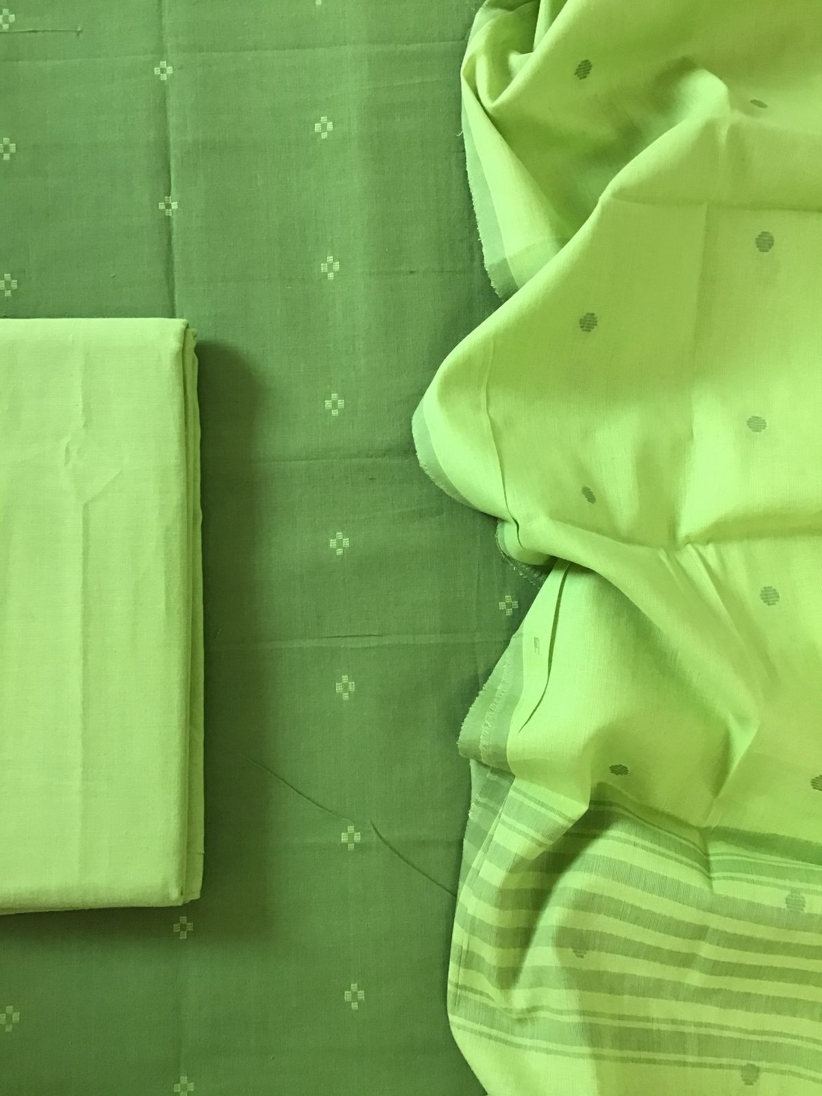 Pure Handloom Cotton Self Weaved Suit - Green