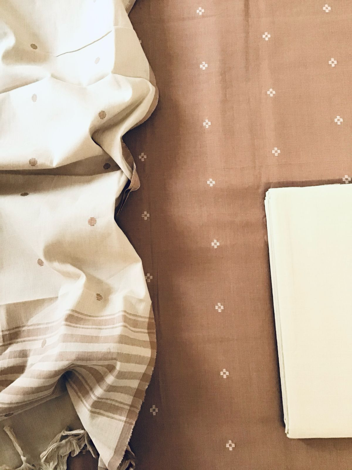 Pure Handloom Cotton Self Weaved Suit - Brown