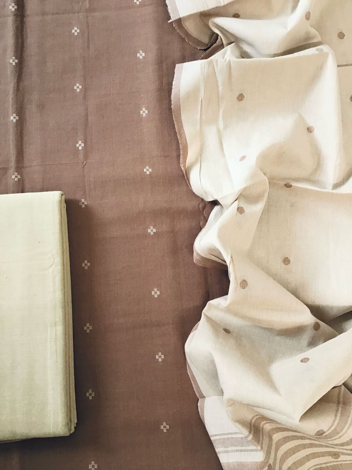 Pure Handloom Cotton Self Weaved Suit - Brown