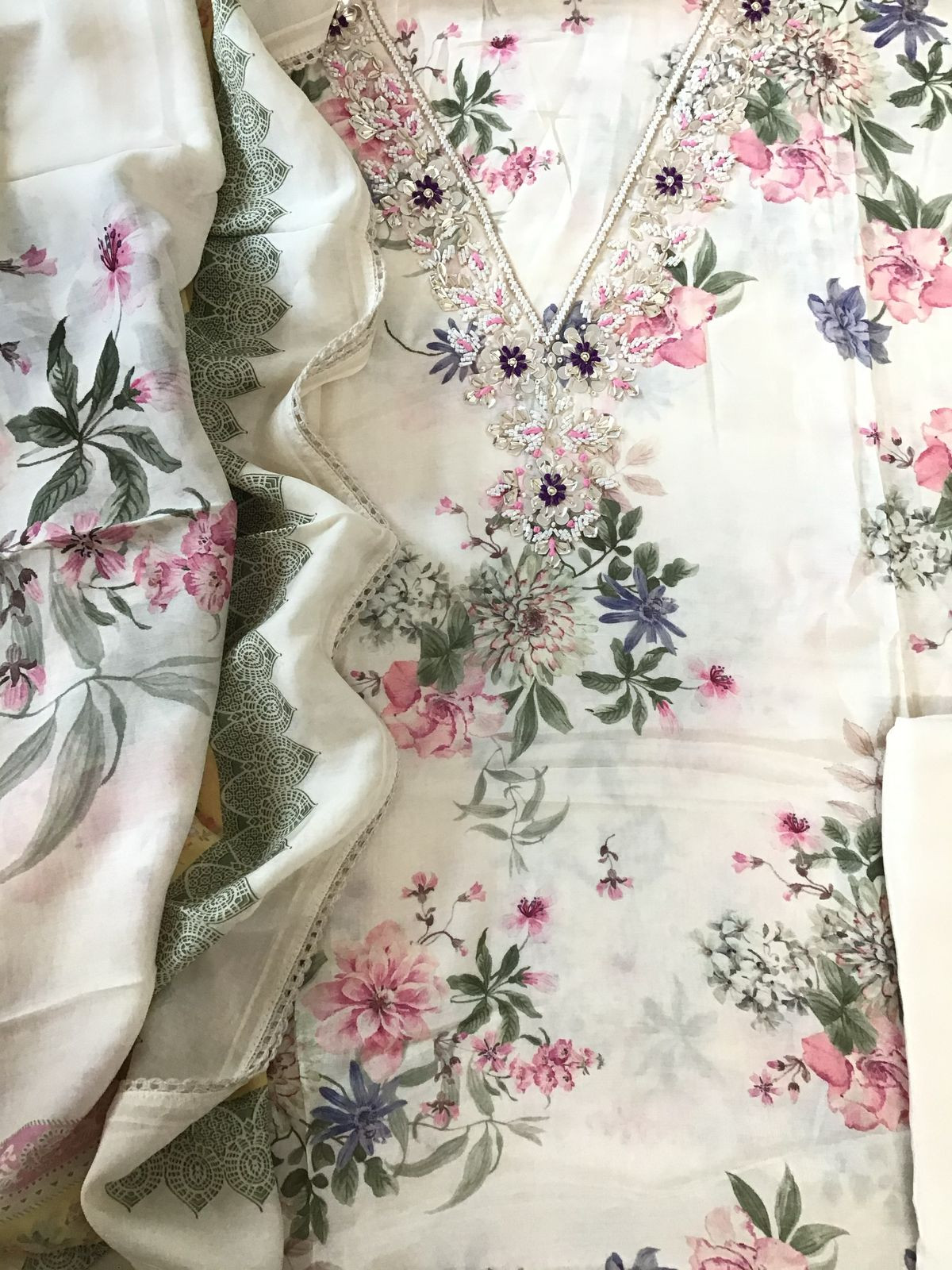 Pure Muslin Printed Embroidered Suit - Off White