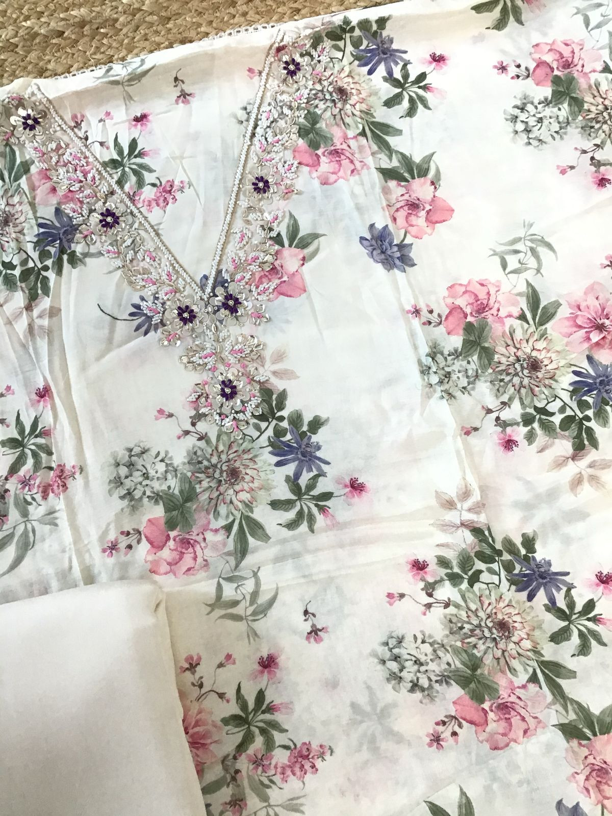 Pure Muslin Printed Embroidered Suit - Off White