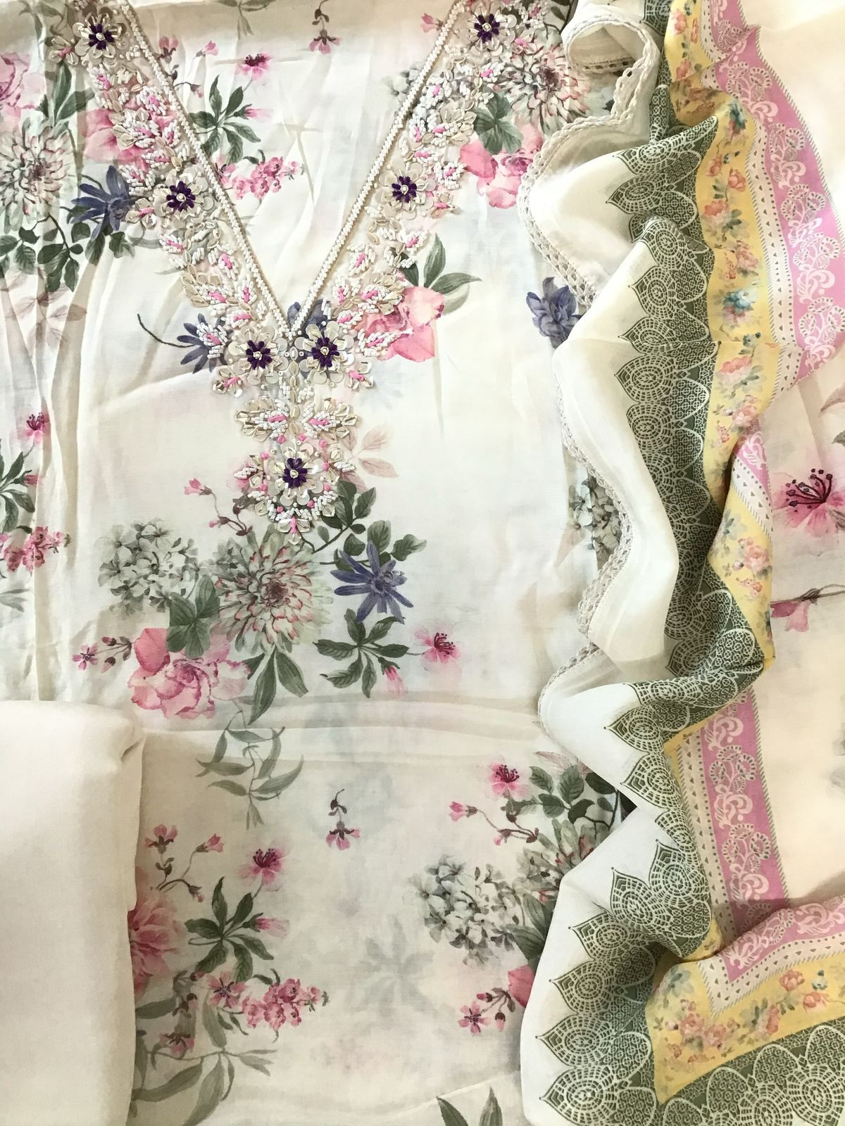 Pure Muslin Printed Embroidered Suit - Off White
