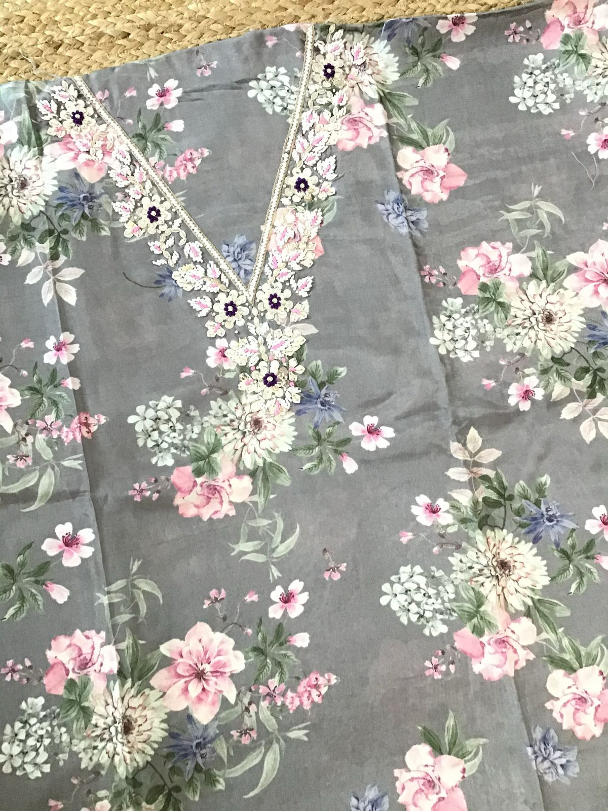 Pure Muslin Printed Embroidered Suit - Grey