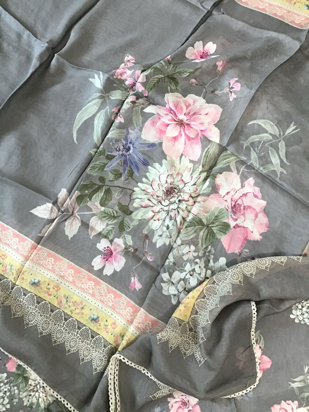 Pure Muslin Printed Embroidered Suit - Grey