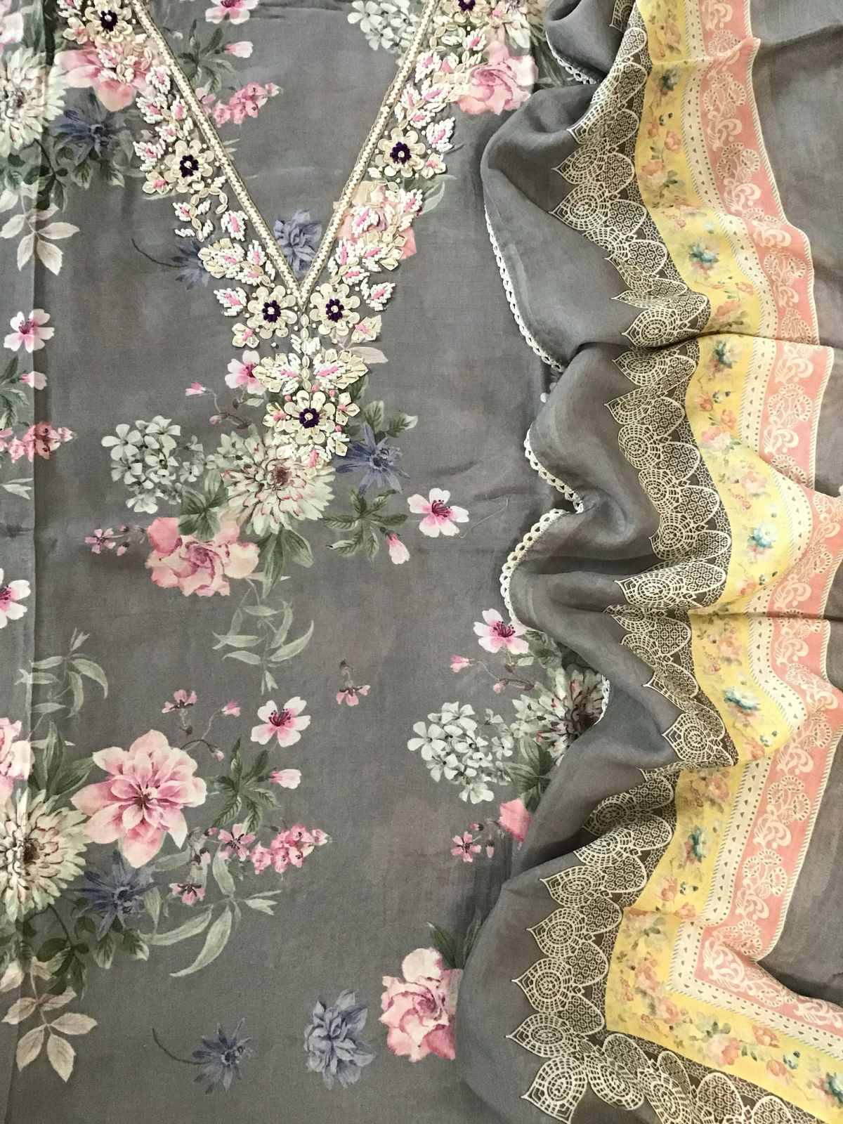 Pure Muslin Printed Embroidered Suit - Grey