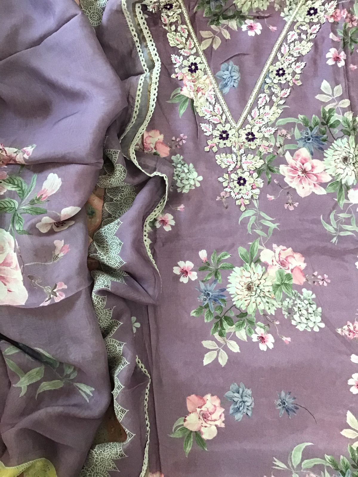 Pure Muslin Printed Embroidered Suit - Mauve