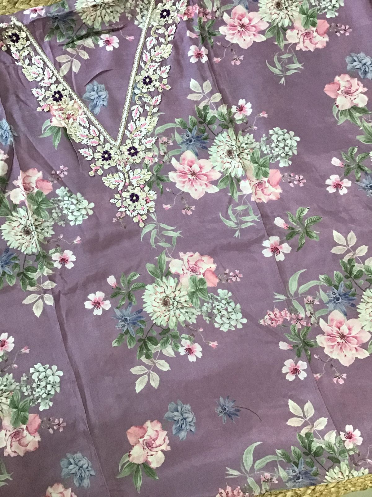 Pure Muslin Printed Embroidered Suit - Mauve