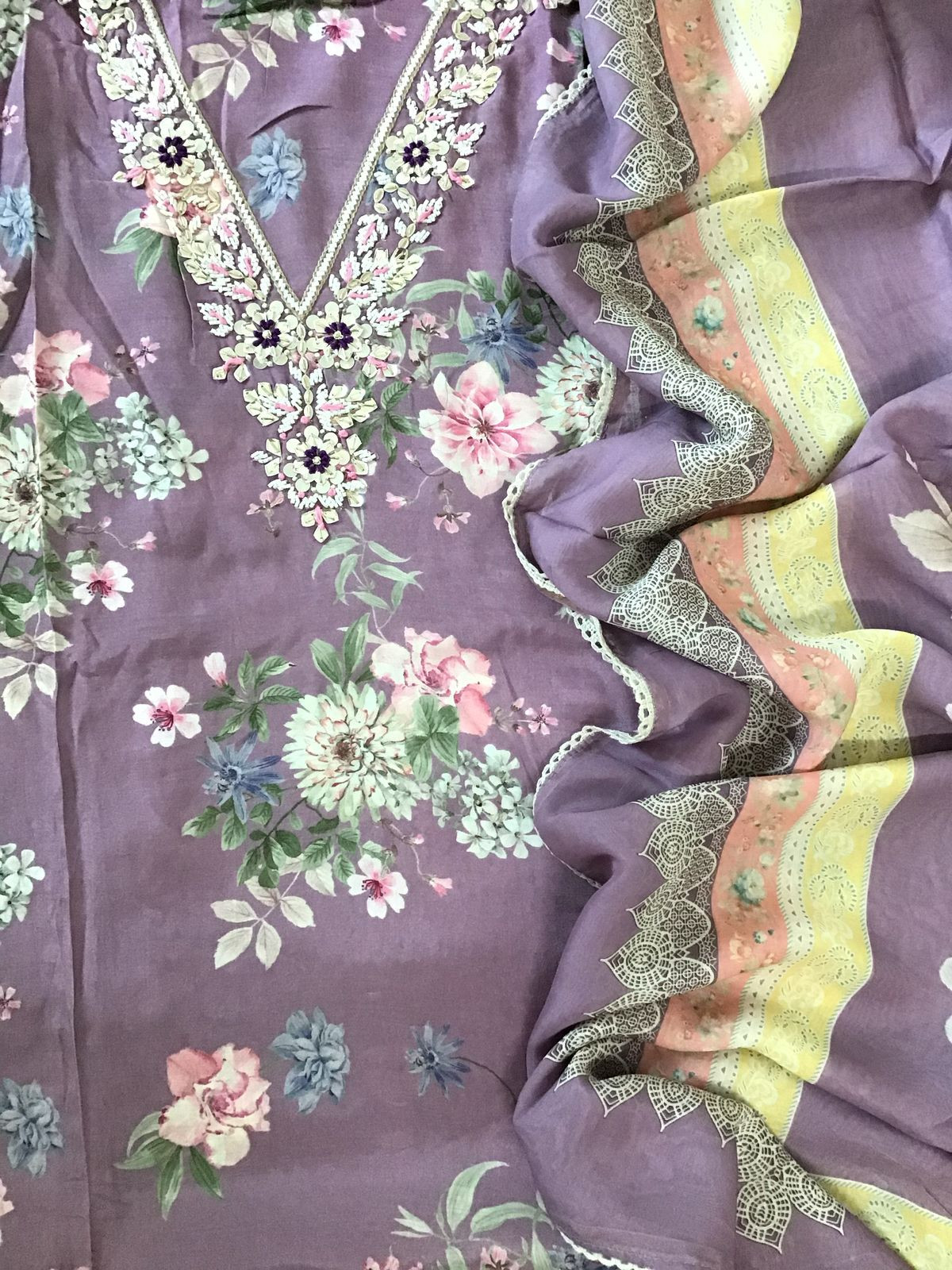 Pure Muslin Printed Embroidered Suit - Mauve