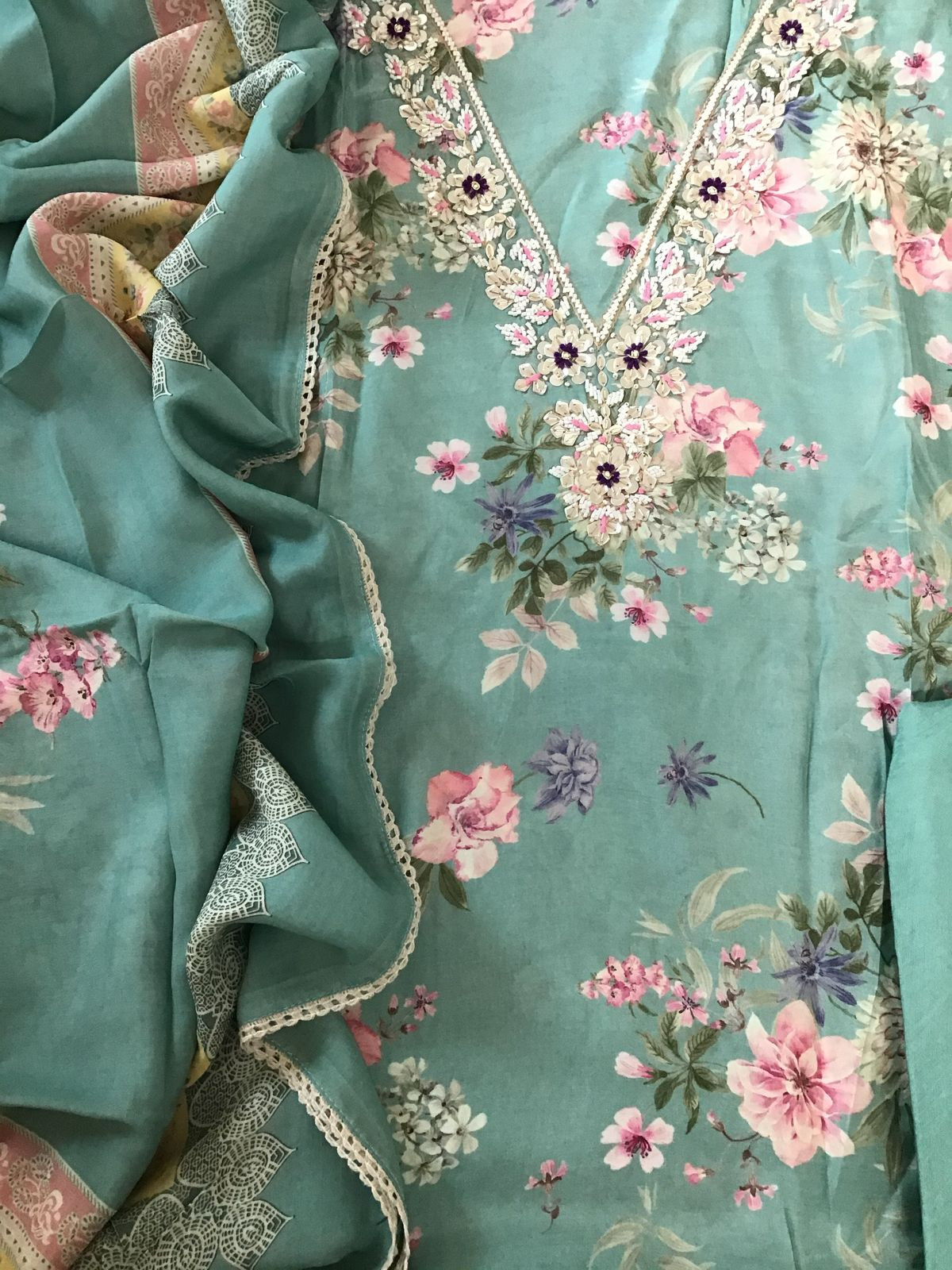 Pure Muslin Printed Embroidered Suit - Blue