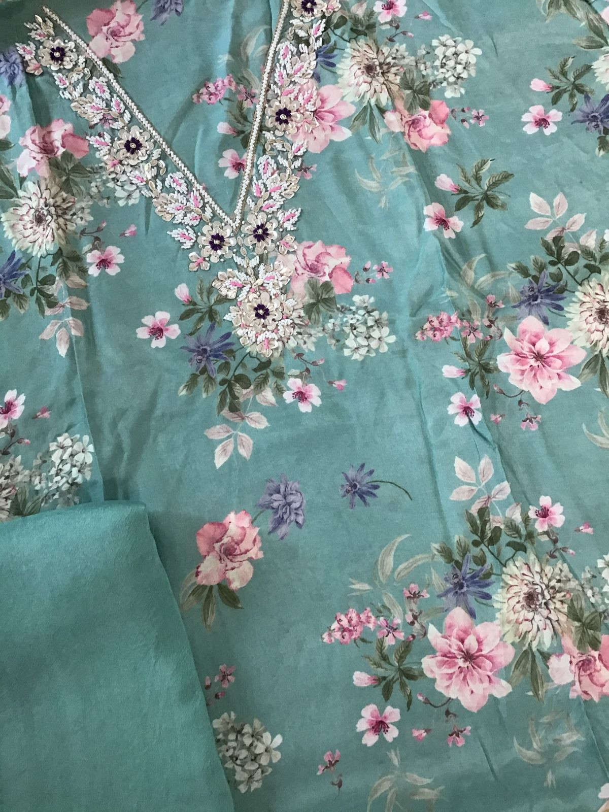 Pure Muslin Printed Embroidered Suit - Blue