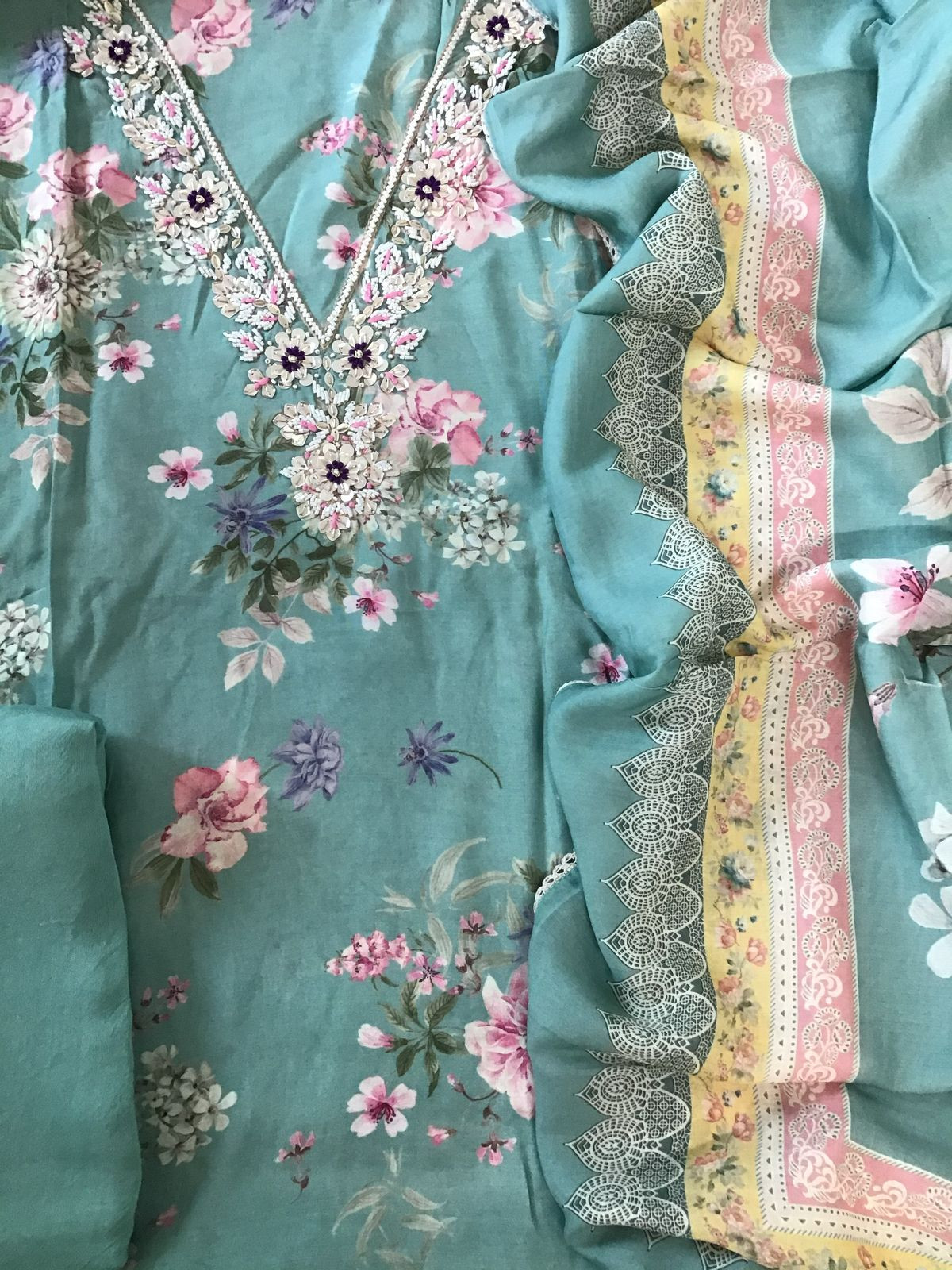 Pure Muslin Printed Embroidered Suit - Blue