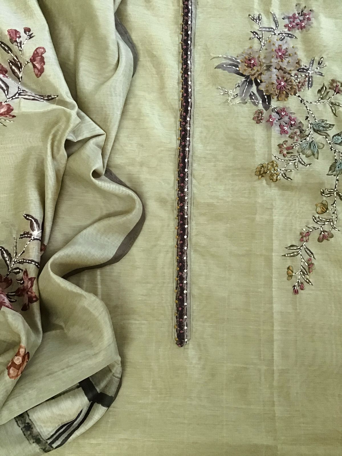 Soft Kora Chanderi Printed Embroidered Suit - Green