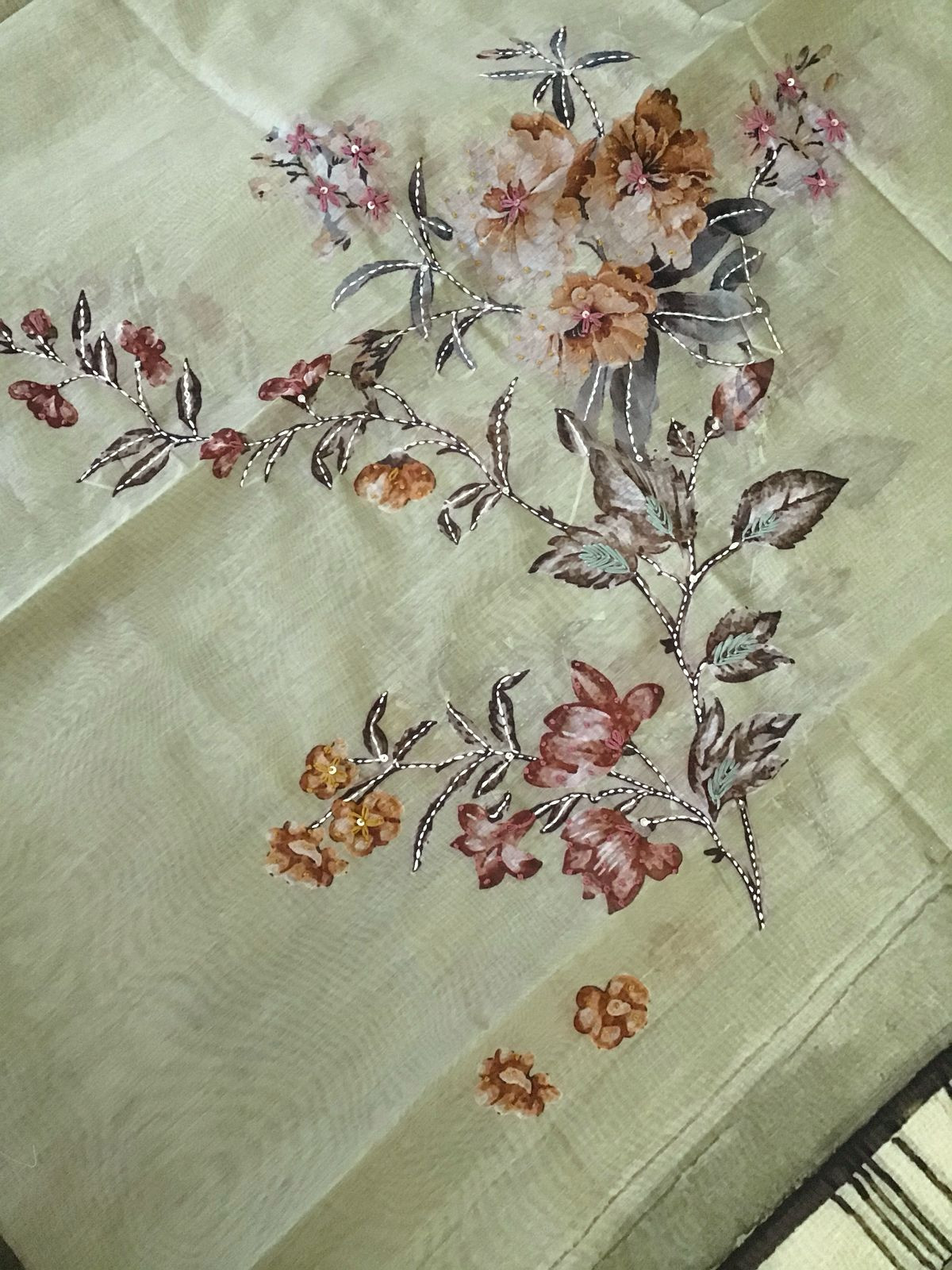 Soft Kora Chanderi Printed Embroidered Suit - Green