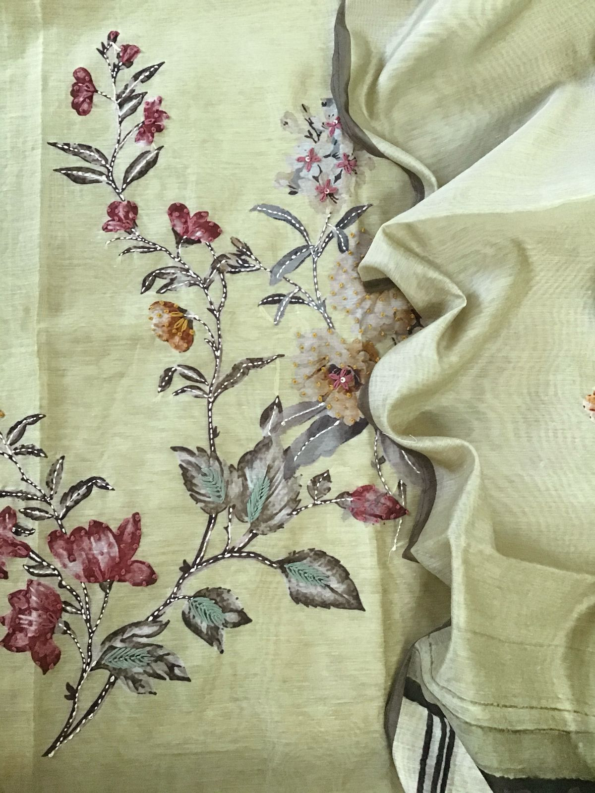 Soft Kora Chanderi Printed Embroidered Suit - Green