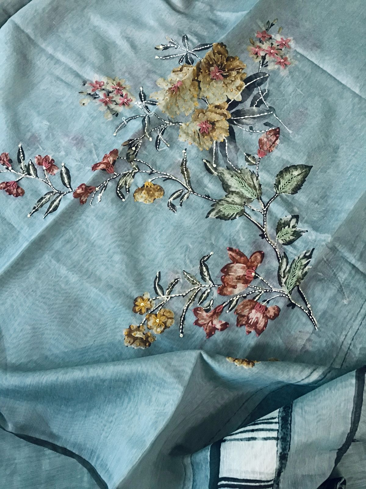 Soft Kora Chanderi Printed Embroidered Suit - Blue