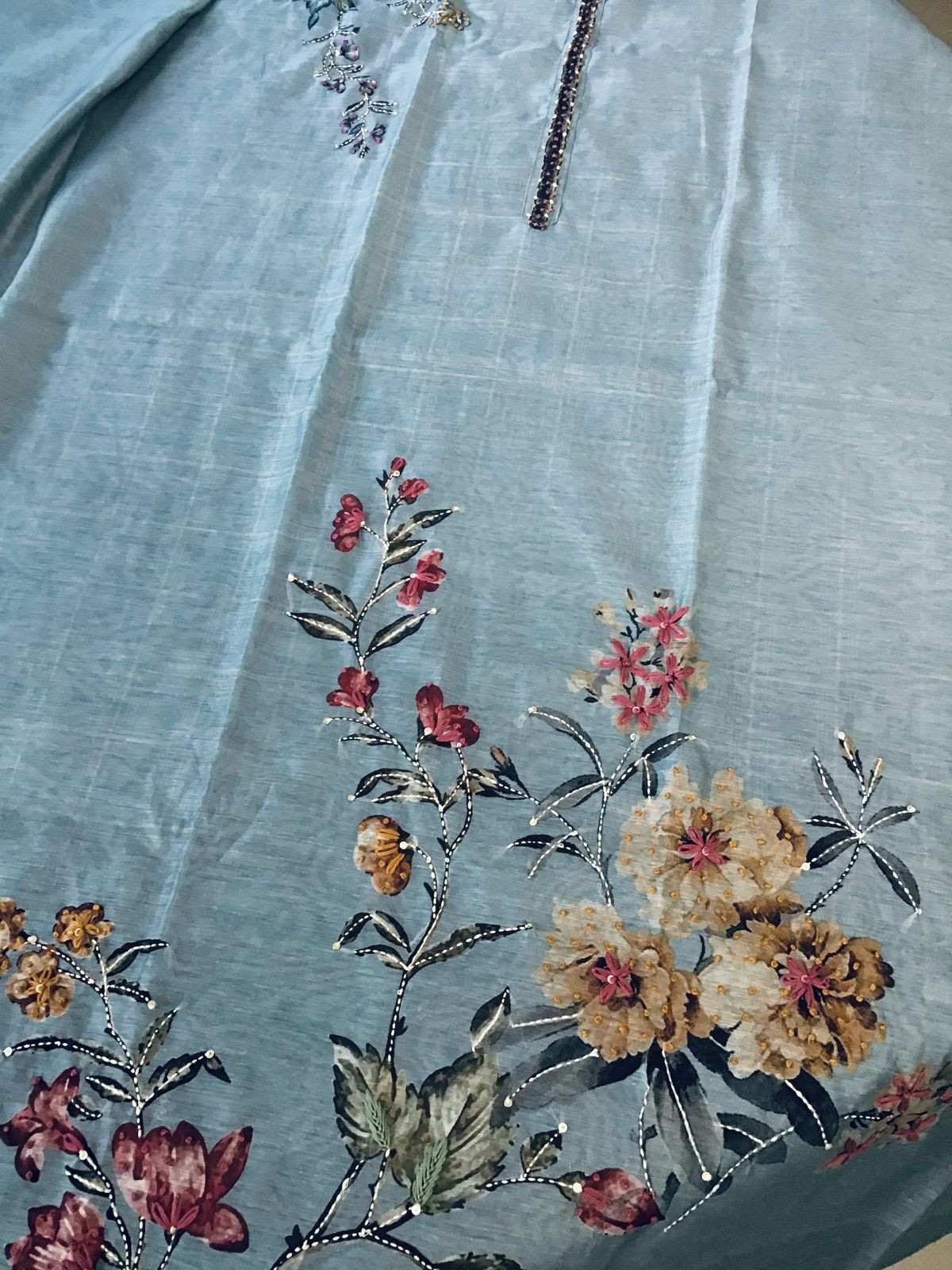 Soft Kora Chanderi Printed Embroidered Suit - Blue