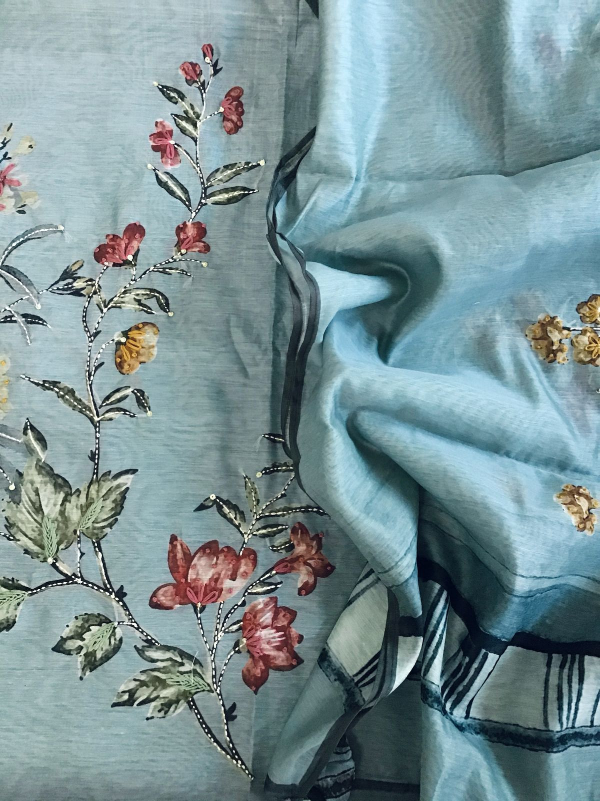 Soft Kora Chanderi Printed Embroidered Suit - Blue