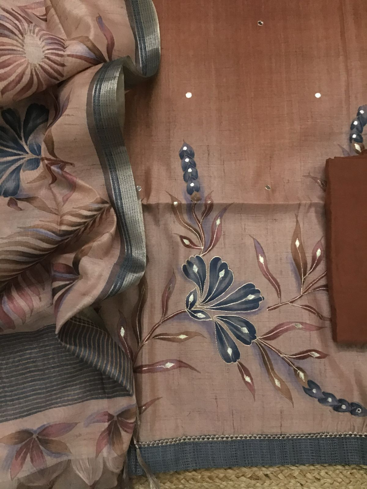 Soft Semi Tussar Silk Printed Embroidered Suit - Brown