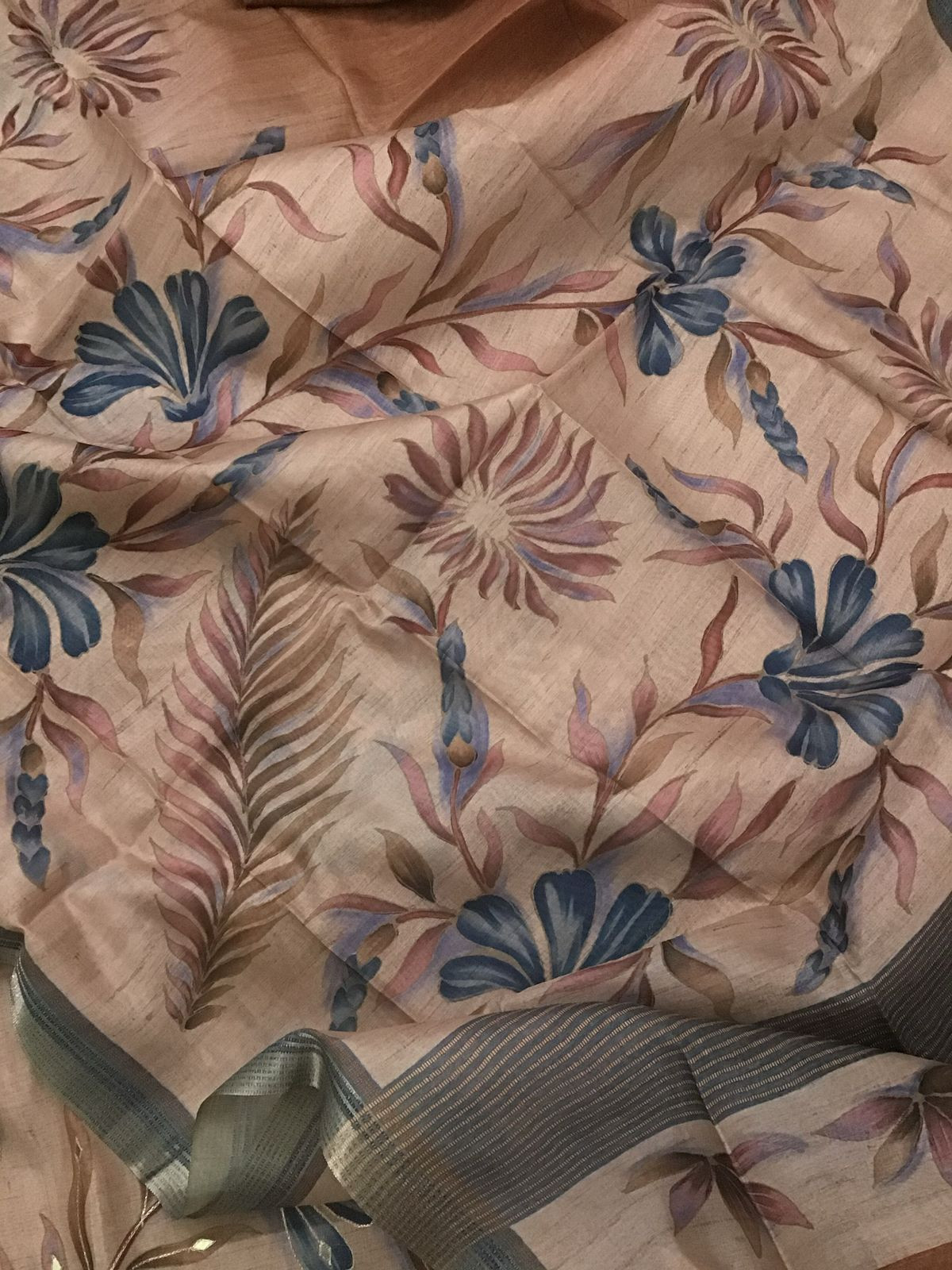 Soft Semi Tussar Silk Printed Embroidered Suit - Brown