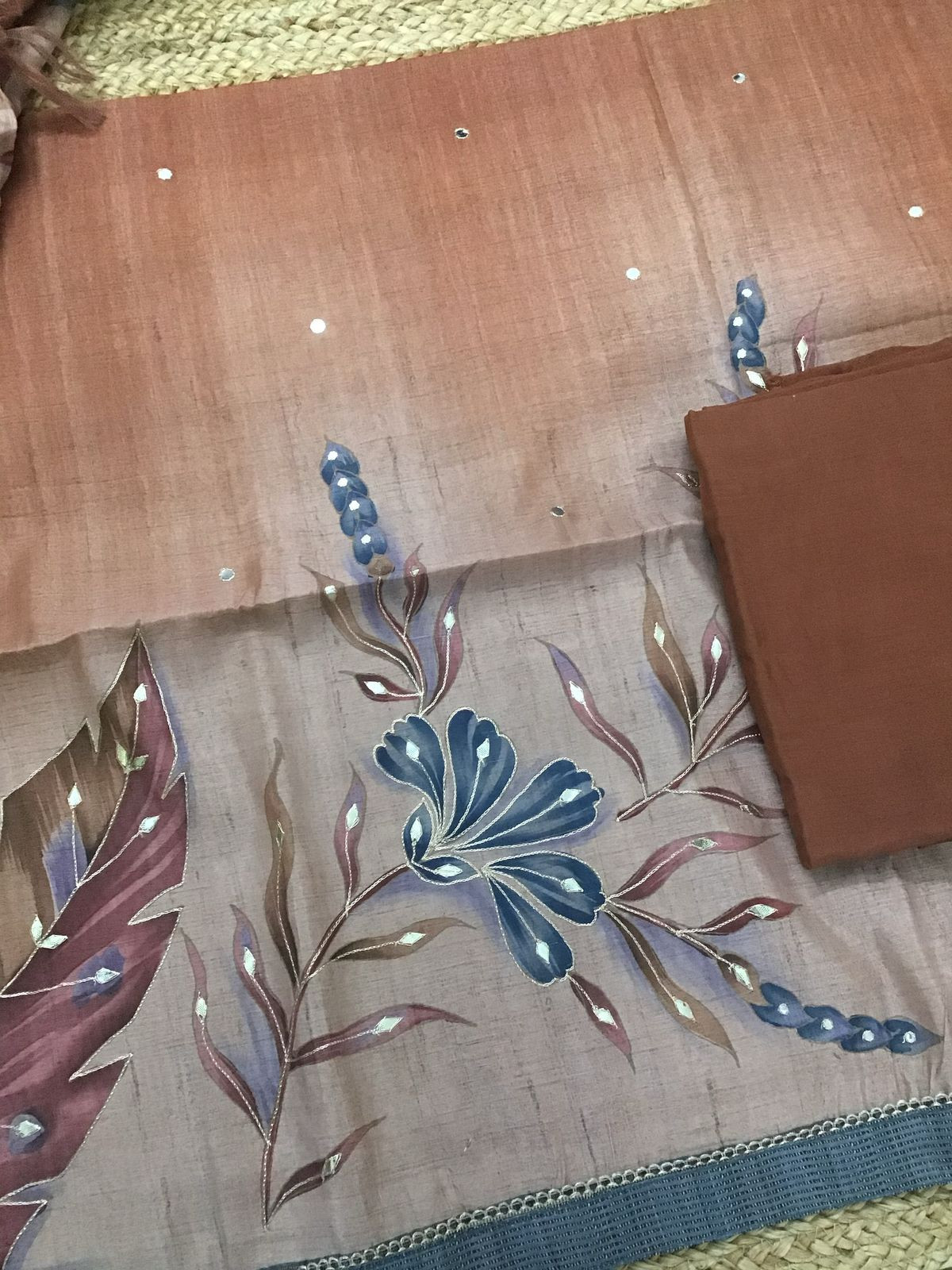 Soft Semi Tussar Silk Printed Embroidered Suit - Brown