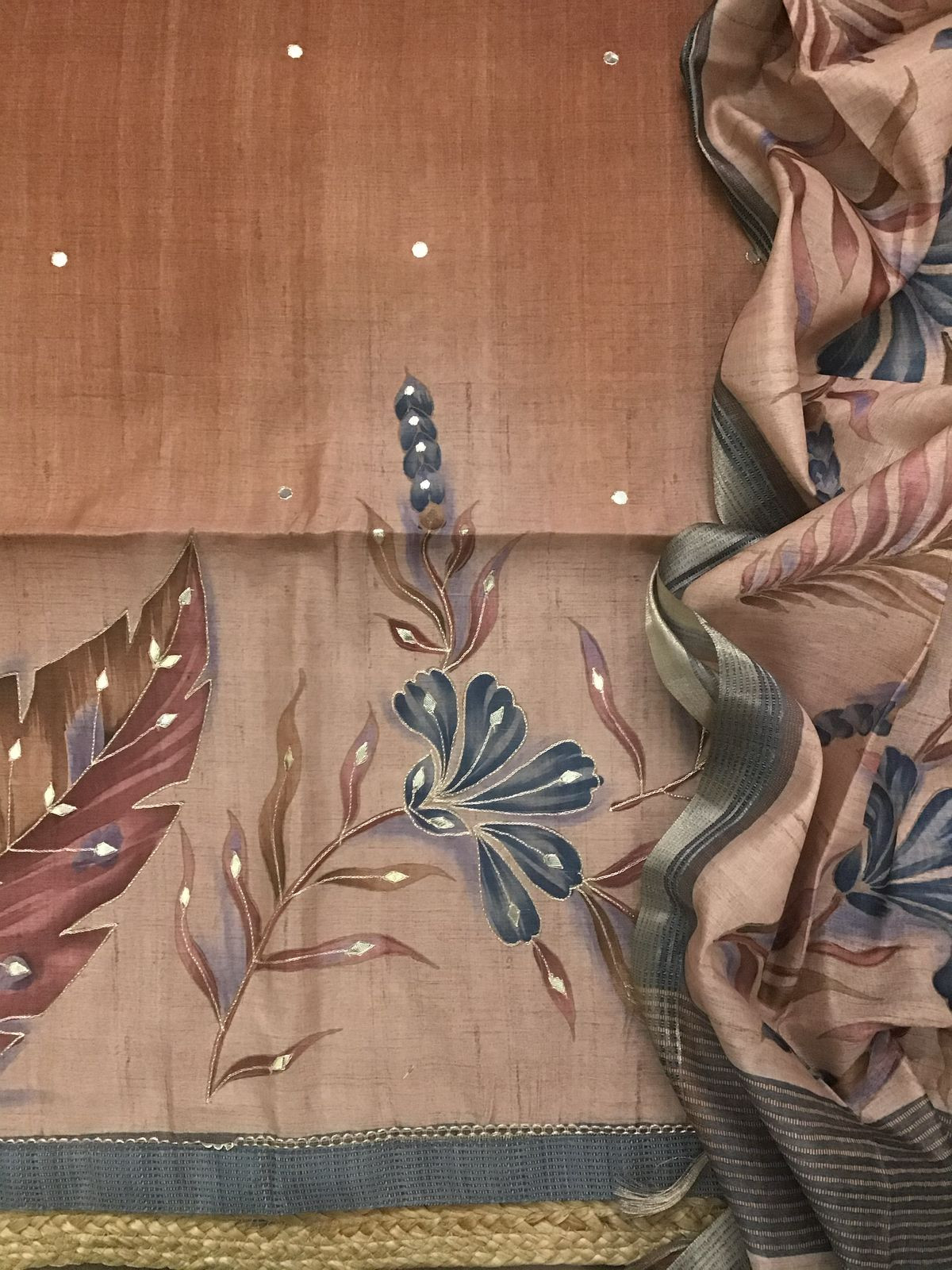 Soft Semi Tussar Silk Printed Embroidered Suit - Brown