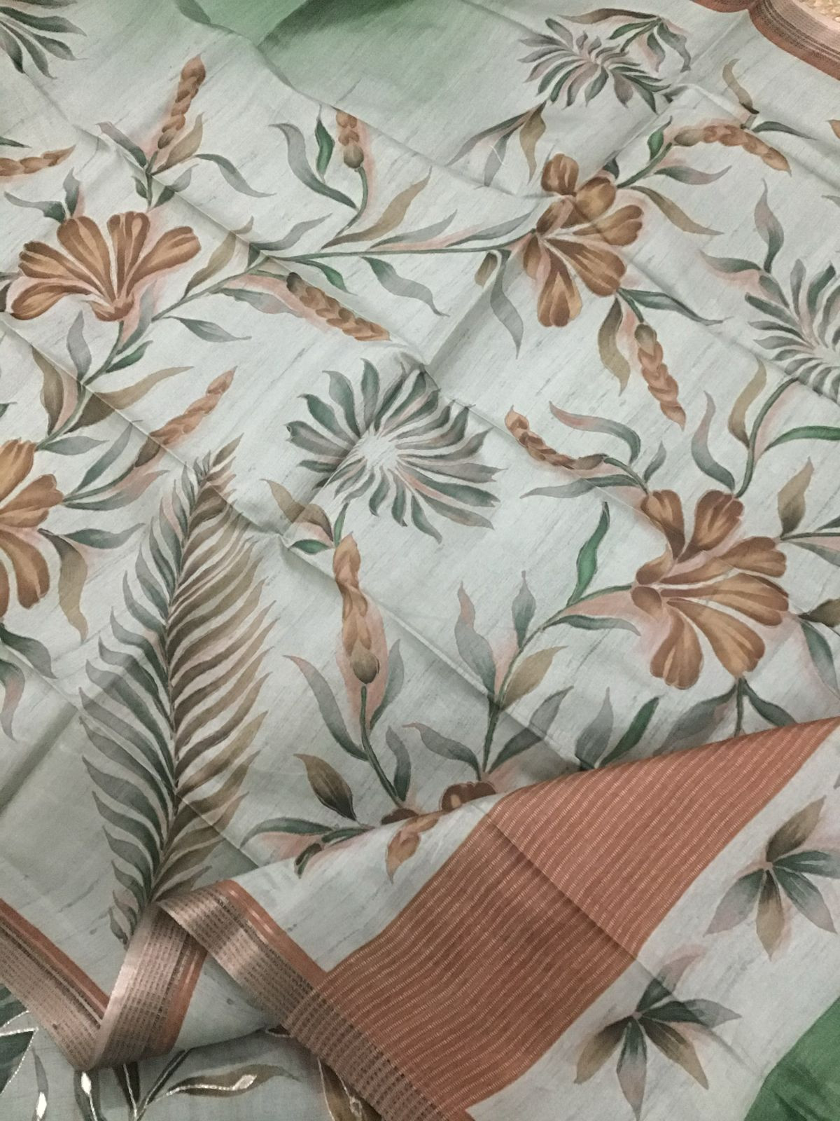 Soft Semi Tussar Silk Printed Embroidered Suit - Green